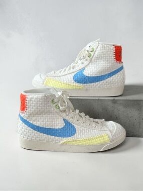 Nike Women’s Blazer White High-Top Sneakers with Blue Swoosh & Textured Fabric
